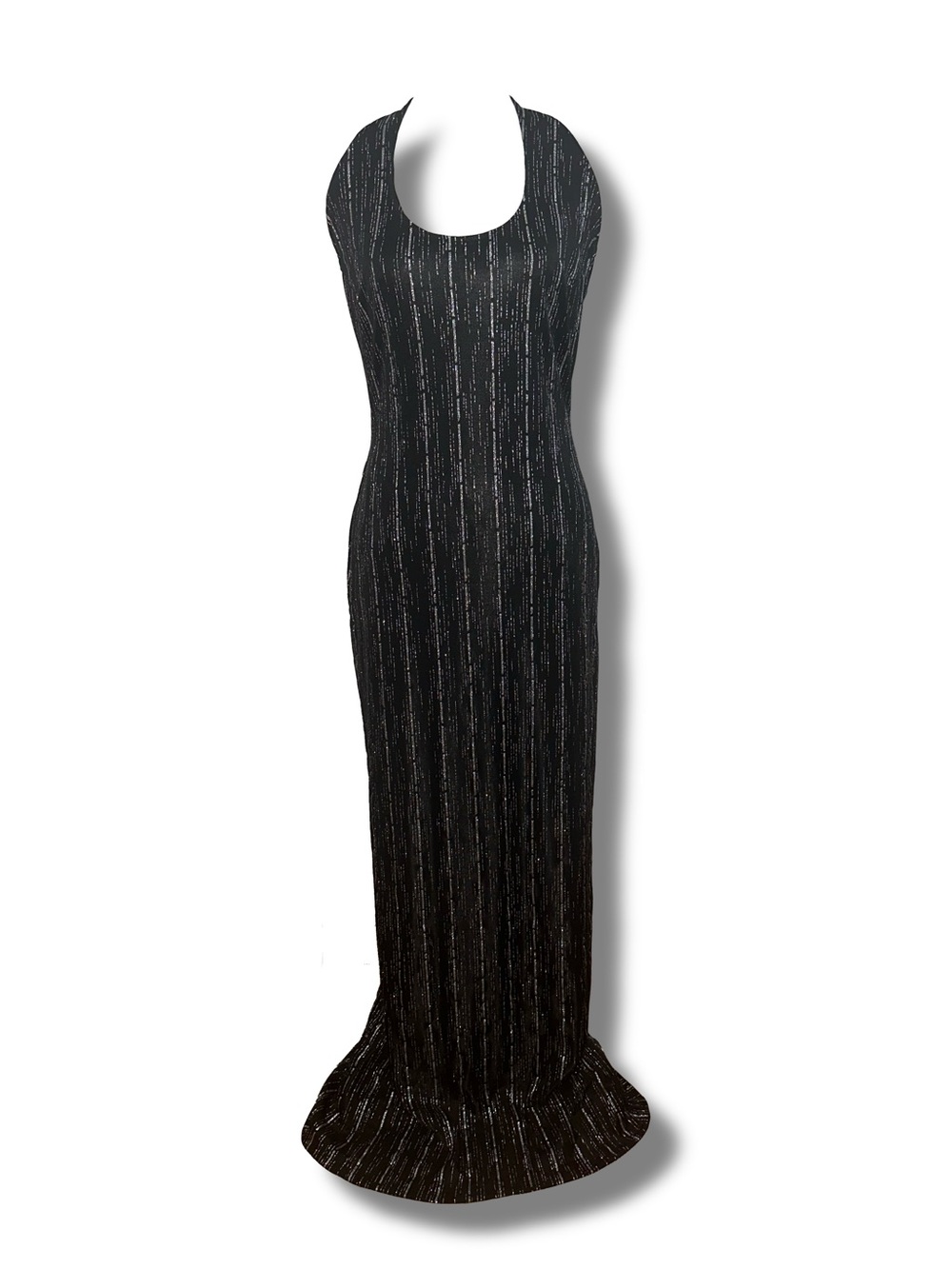 Vtg 90s Black & Silver Glitter Gown w/ Beaded Straps